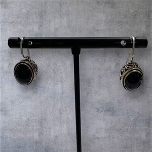 Platinum over 925 Silver Black Onyx Cabochon Spiral Filigree Drop Earrings